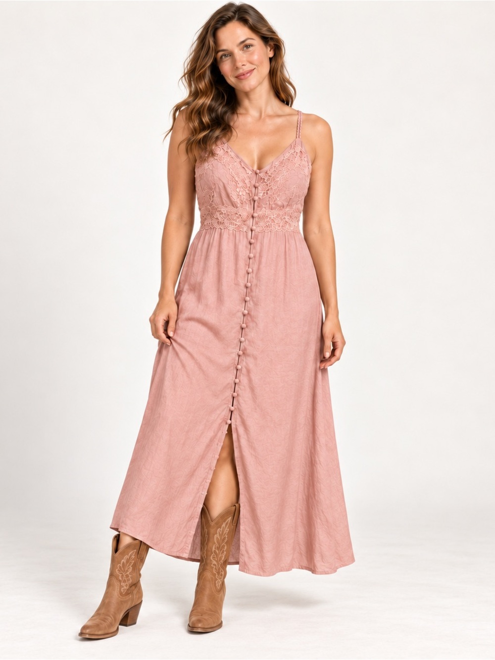 NWT Lucky Brand Pintuck Lace Button-Front Midi Dress Pink XXL
